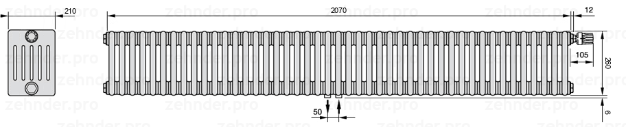 Схема (чертеж) Радиатор Zehnder Charleston 6026/45 №V008 Белый глянцевый RAL 9016